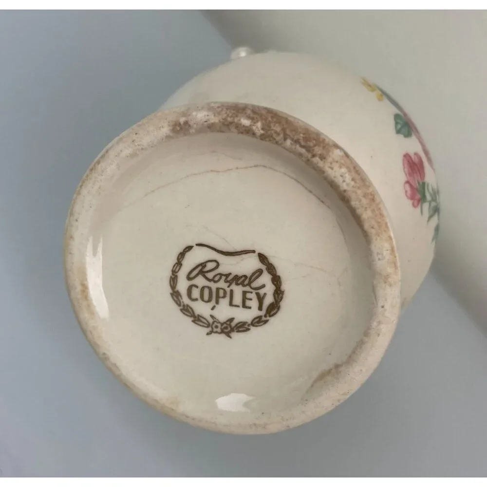 Vintage Royal Copley Beige Rose Floral Handled Vase, Mid-Century Pottery Ceramic